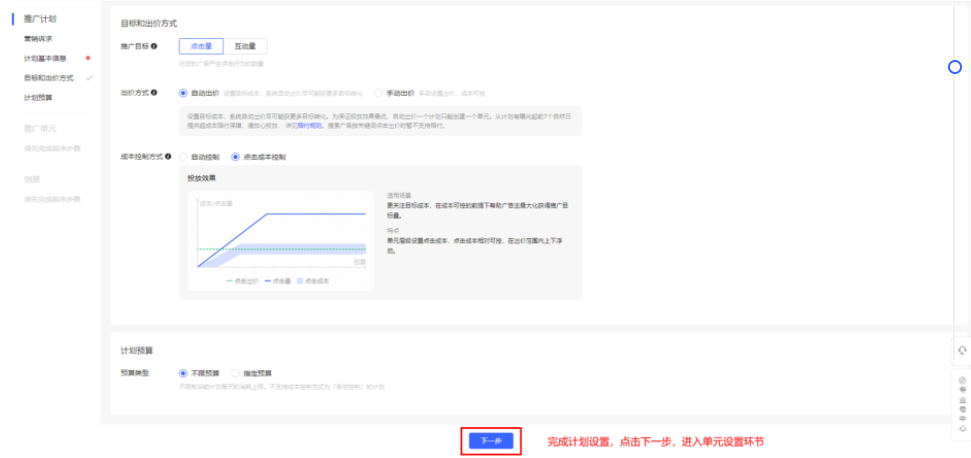 第三步：設置推廣目標、出價方式、成本控制方式、計劃預算