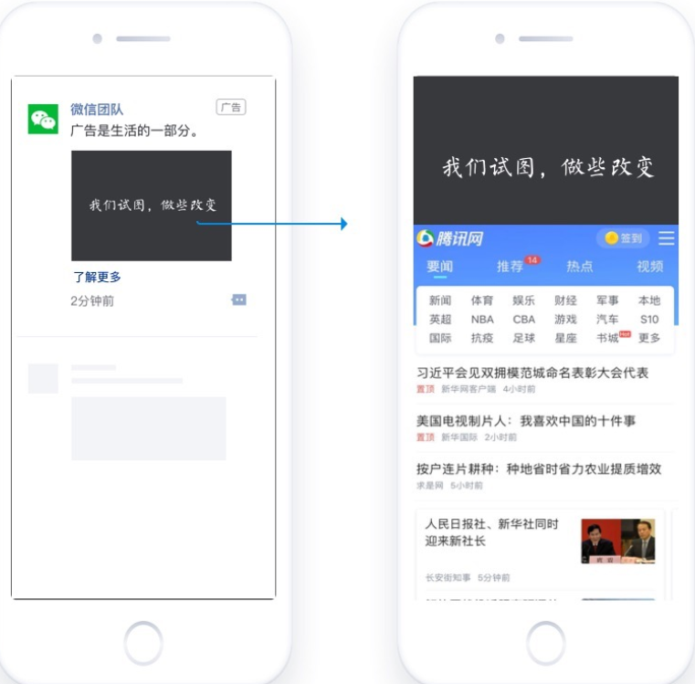 使用廣告外層創意素材，和自定義內嵌h5進行自動拼接，需要填寫分享標題、描述、內嵌h5地址； 為保證拼接內容完整性，頂部素材建議用800*800（1:1）圖片規格或橫版視頻。