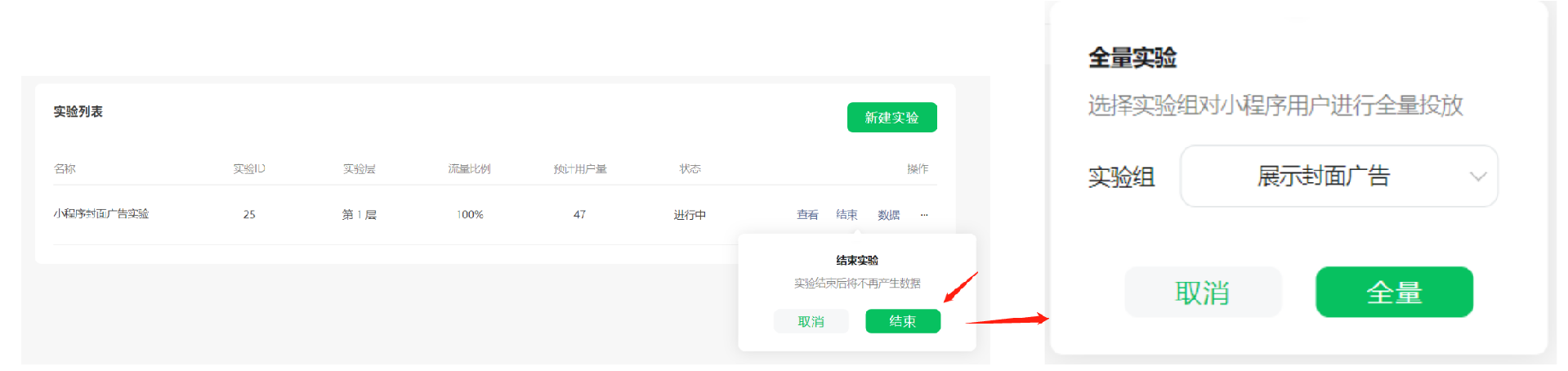 若已有實驗結論和數據，已可支撐決策，則可以通過【結束】實驗來釋放流量。