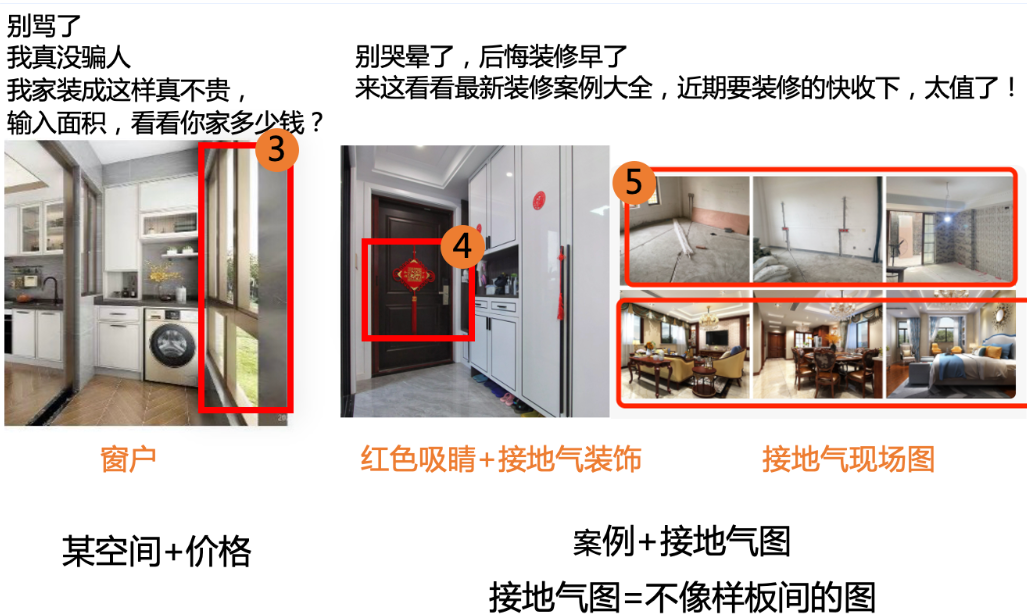 創意內容：多張效果圖拼圖（選取燈光、陽光、窗戶圖）、單圖（陽臺、衛生間圖等）、接地氣圖