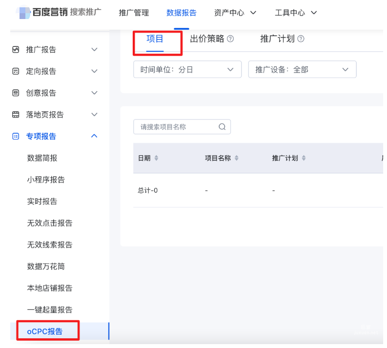 數據報告->專項報告->oCPC報告->項目