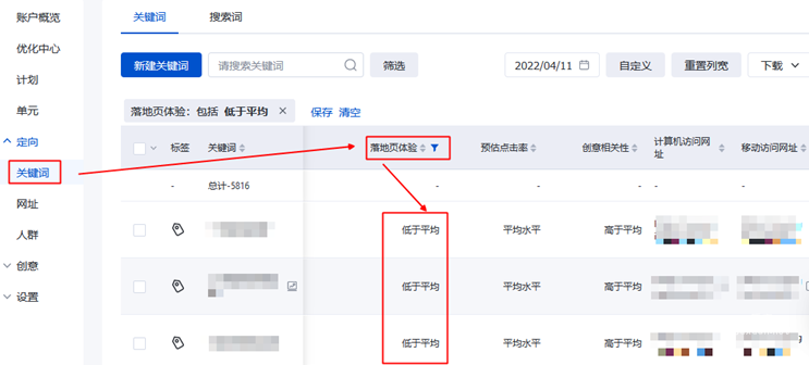 檢查關鍵詞列表-落地頁體驗“低于平均”